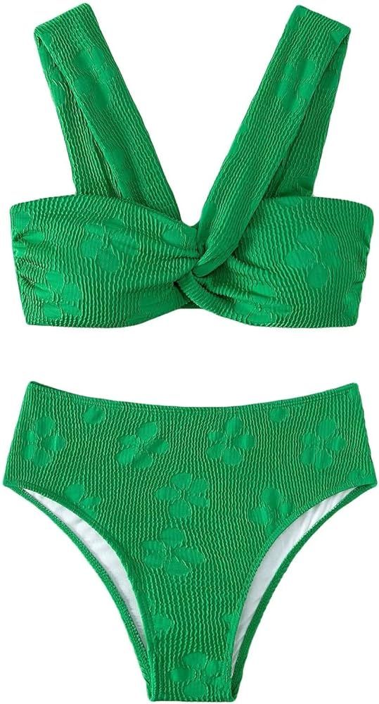Women's High Waisted Bathing Suit Floral Jacquard Twist Criss Cross Swimsuit Bikini Set 2 Piece | Amazon (US)