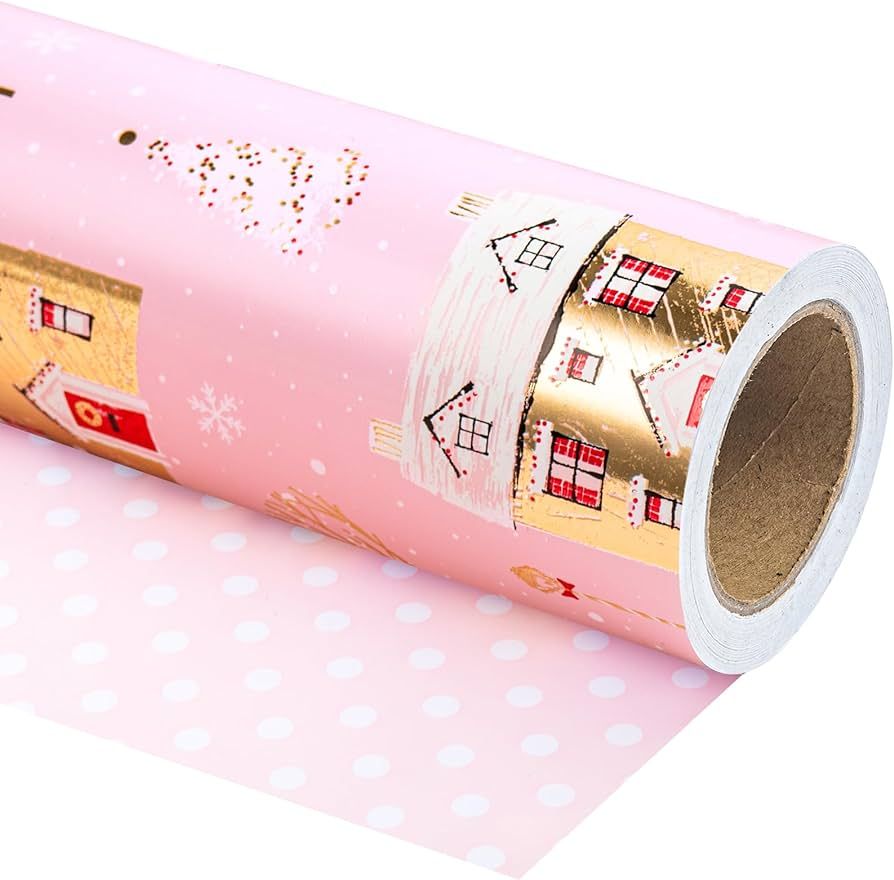 WRAPAHOLIC Reversible Christmas Wrapping Paper - Mini Roll - 17 Inch X 33 Feet - Pink House and P... | Amazon (US)