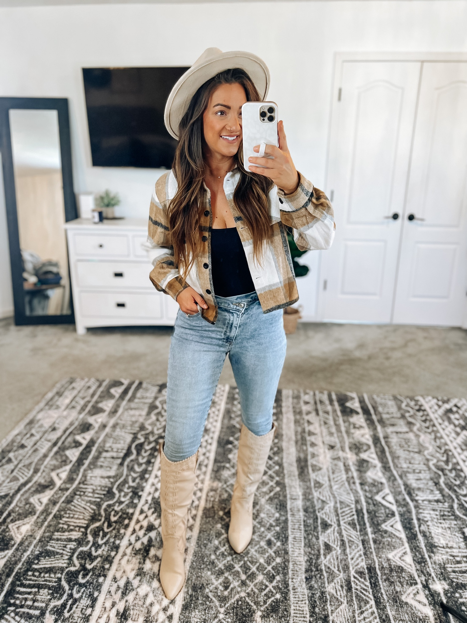 I’m loving this long crop shacket! It’s the perfect neutral mix of colors, but they’re are other colors available! These cross waist super skinny curve love jeans are perfect to pair with tall boots!! Jeans, boots, and necklaces are on sale with promo code 9/21-9/24!!! Jeans true to size, boots size up half 👌 

#LTKSale #LTKshoecrush #LTKstyletip