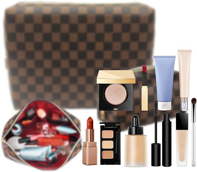 Checkered Makeup Bag, 2 Pcs Portable Leather Cosmetic Bag, Travel Toiletry Bag for Women, PERFECT... | Amazon (US)