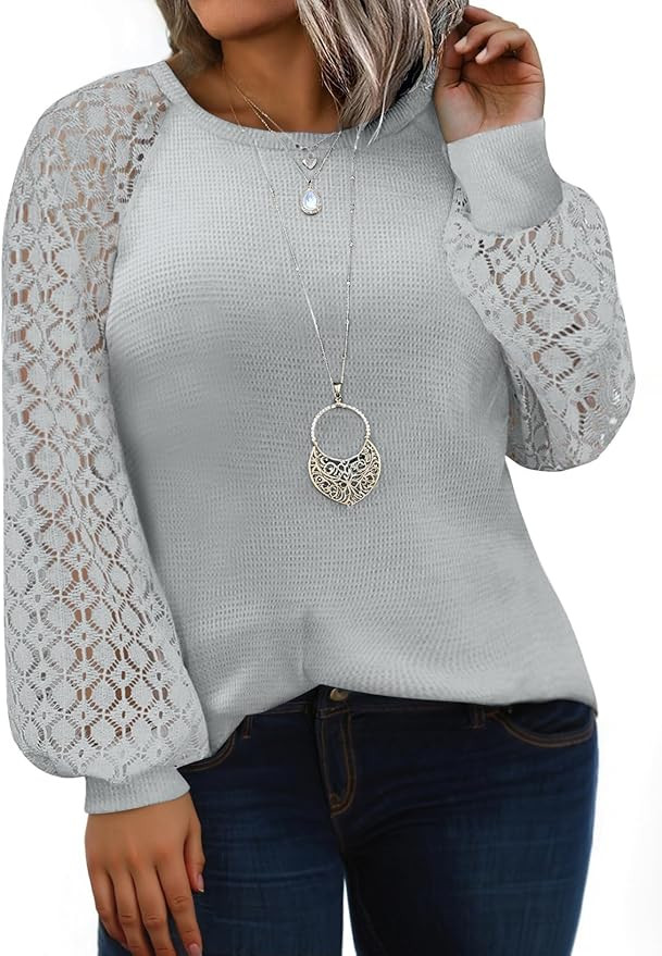 Eytino Plus Size Tops for Women Lace Long Sleeve Round Neck Casual Loose Blouses T Shirts(1X-5X) | Amazon (US)