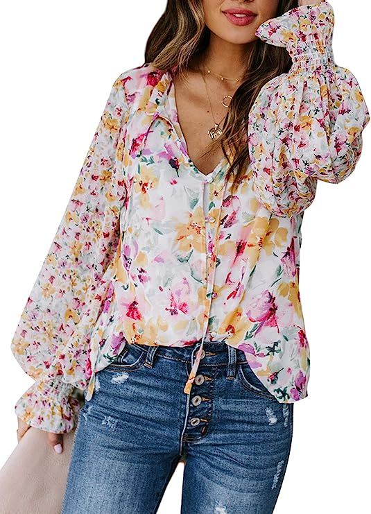 Eytino Women Casual Boho Floral Print V Neck Long Sleeve Drawstring Blouse Tops(Many Colors,S-XXL... | Amazon (US)