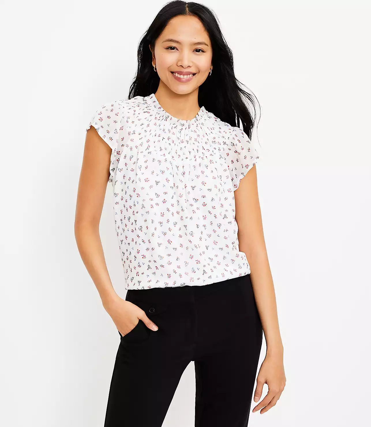 Petite Floral Smocked Flutter Top | LOFT