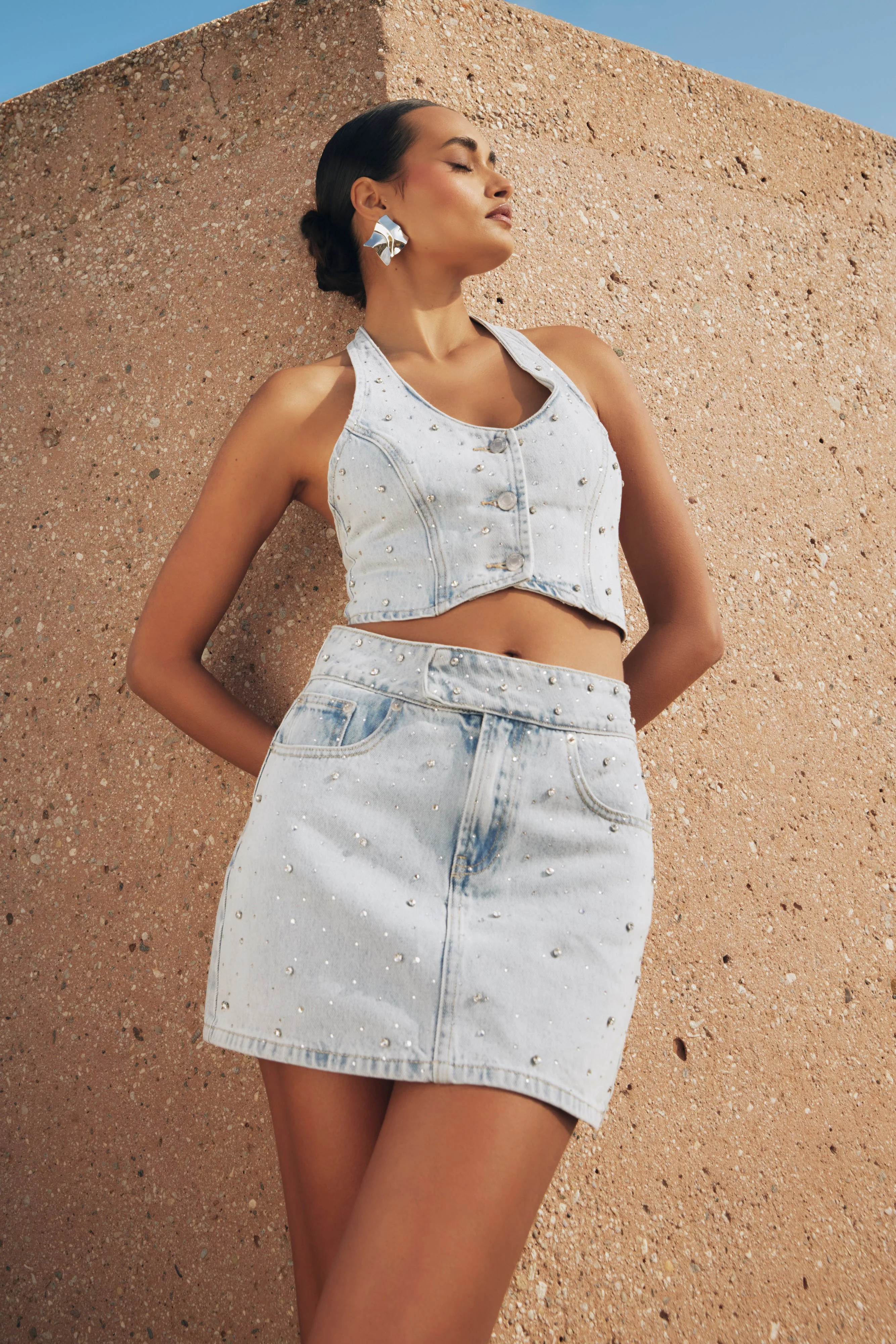 Kieryn Embellished Denim Mini Skirt - Light Blue | MESHKI US