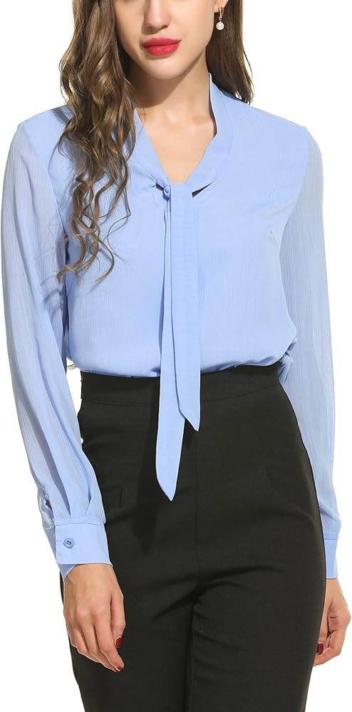 ACEVOG Womens Bow Tie Neck Long/Short Sleeve Casual Office Work Chiffon Blouse Shirts Tops | Amazon (US)