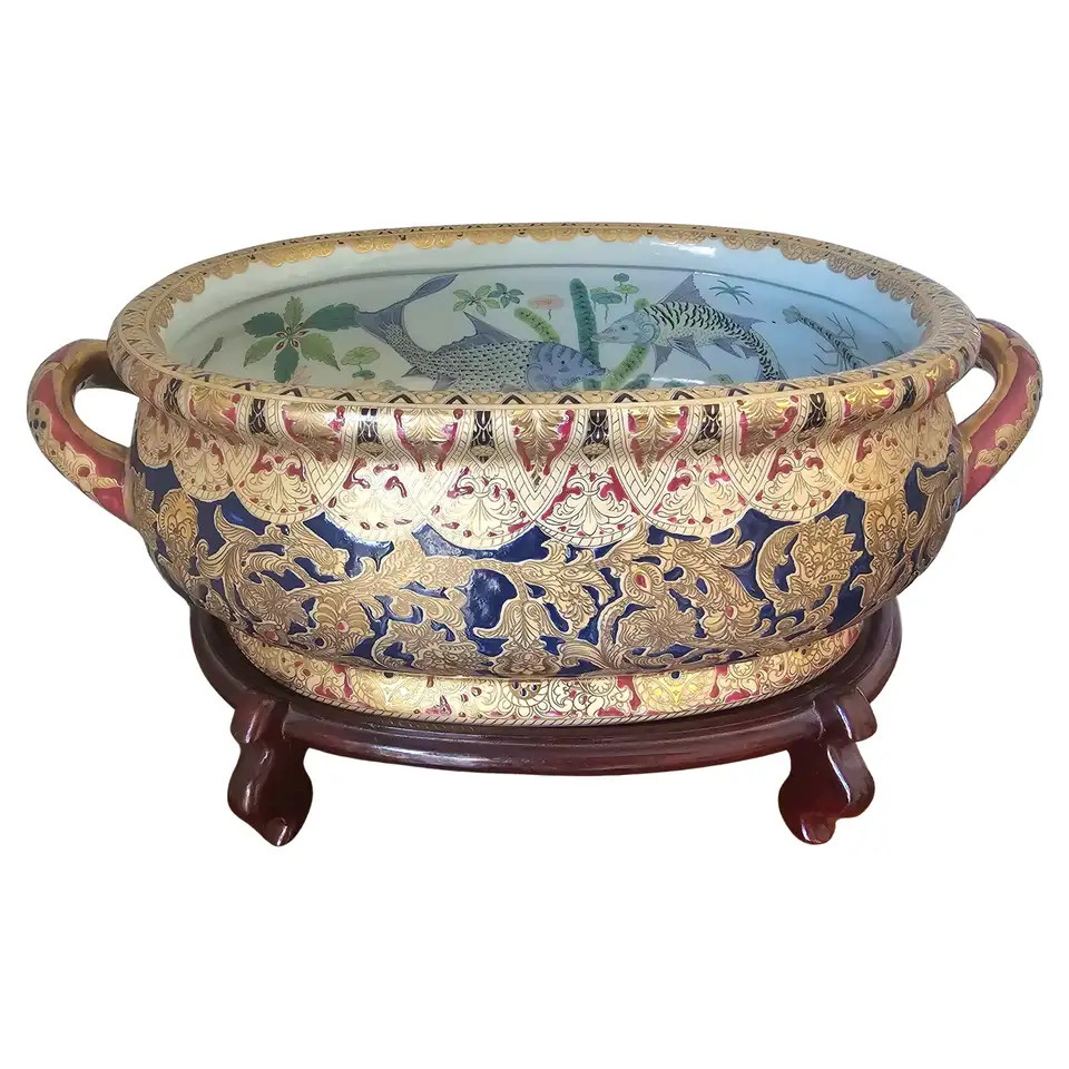 Chinese Export Type Porcelain Two Handled Foot Basin on Wood Stand | 1stDibs
