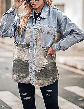 Lumister Women's Aztec Denim Jacket Distressed Lapel Long Sleeve Vintage Button Down Denim Jacket... | Amazon (US)