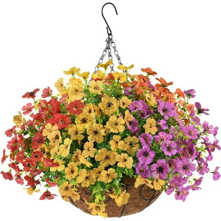 Artificial Faux Hanging Plants Flowers Basket for Summer Outdoor Decoration,Fake Silk Daisy in Planter Realistic UV Resistant Look Real for Porch Home Patio Balcony Yard(Multicolor) | Walmart (US)