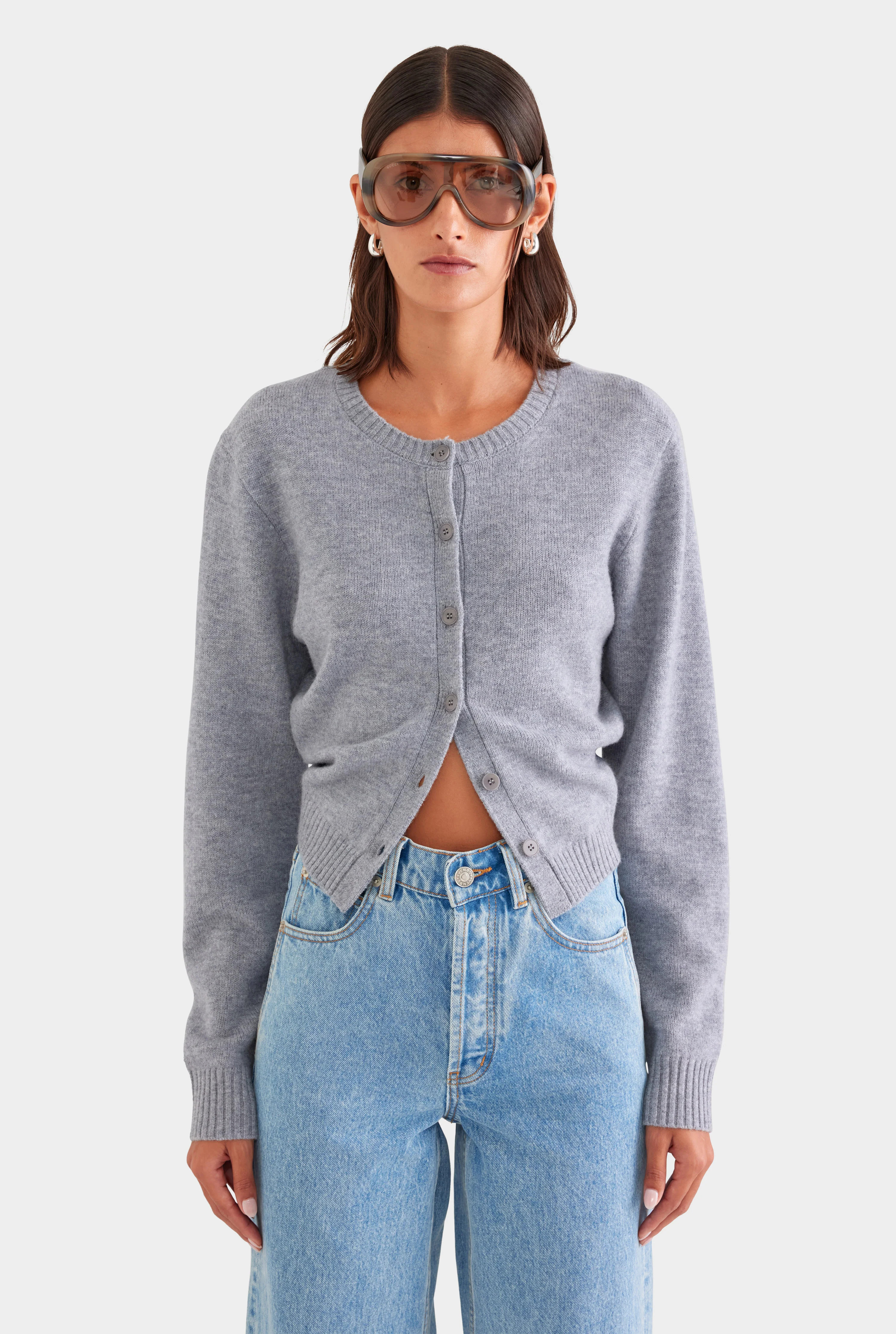 Cinched Merino Wool Cardigan Grey Marl | Venroy | Venroy AU