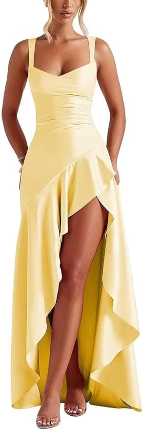 Satin Ruffles Prom Dresses for Teens Hi-Low Aline Cocktail Dresses for Women Long Cocktail Gown | Amazon (US)