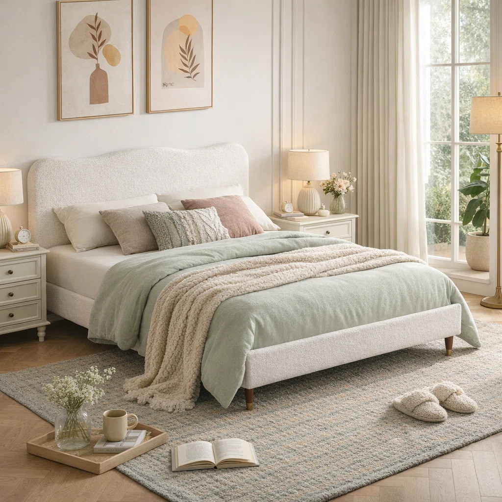 Boucle Upholstered Platform Bed With Adjustable Headboard | Wayfair North America