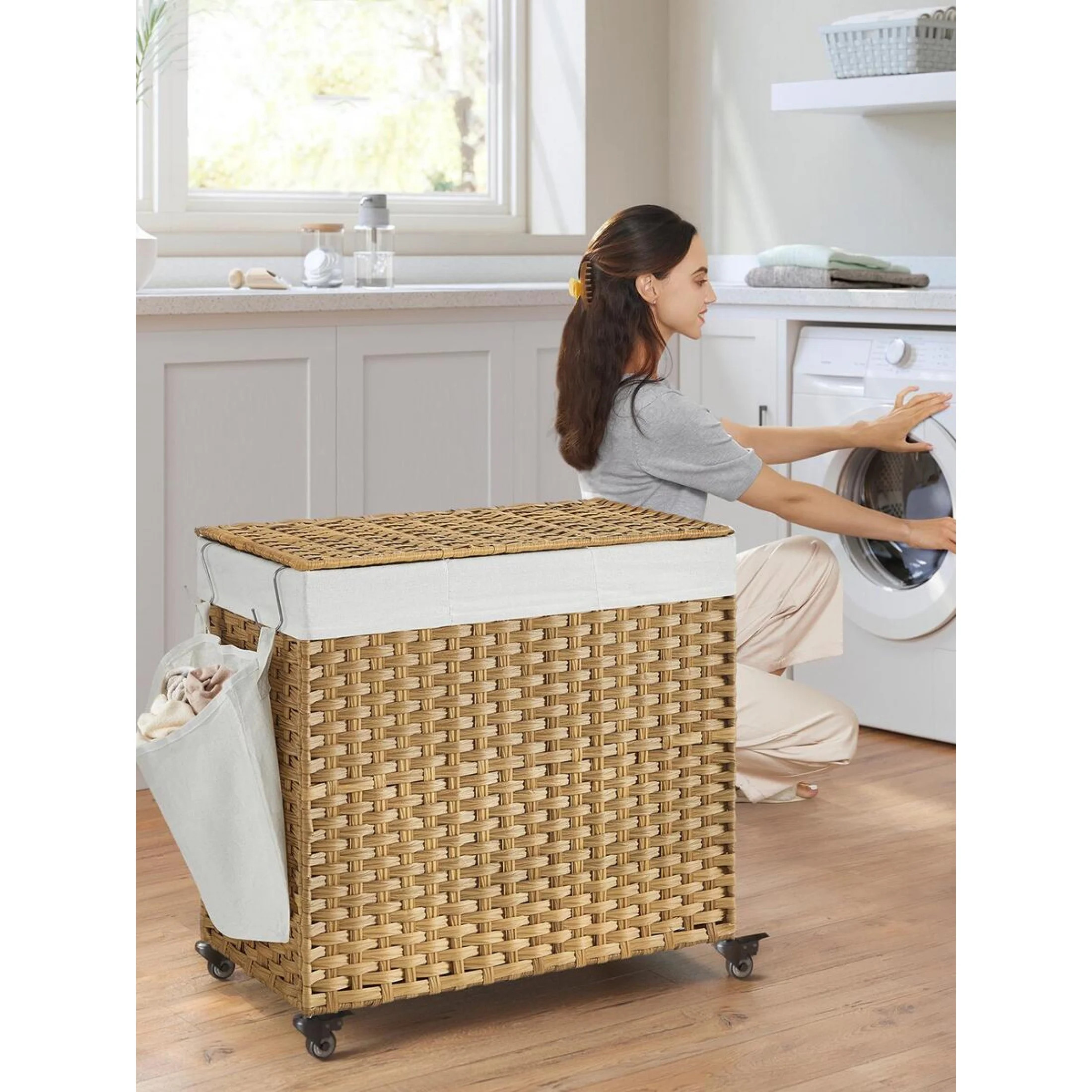 42.3 Gallon (160L) Laundry Hamper With Lid, Rolling Basket With Wheels, 3-Section Synthetic Ratta... | Walmart (US)