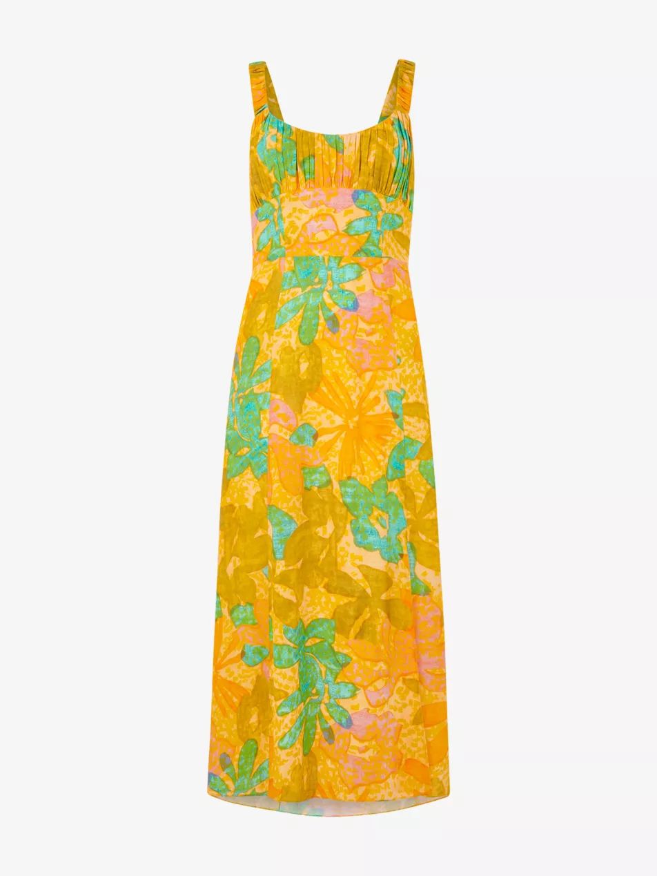 Palm floral-print sweetheart-neckline woven midi dress | Selfridges