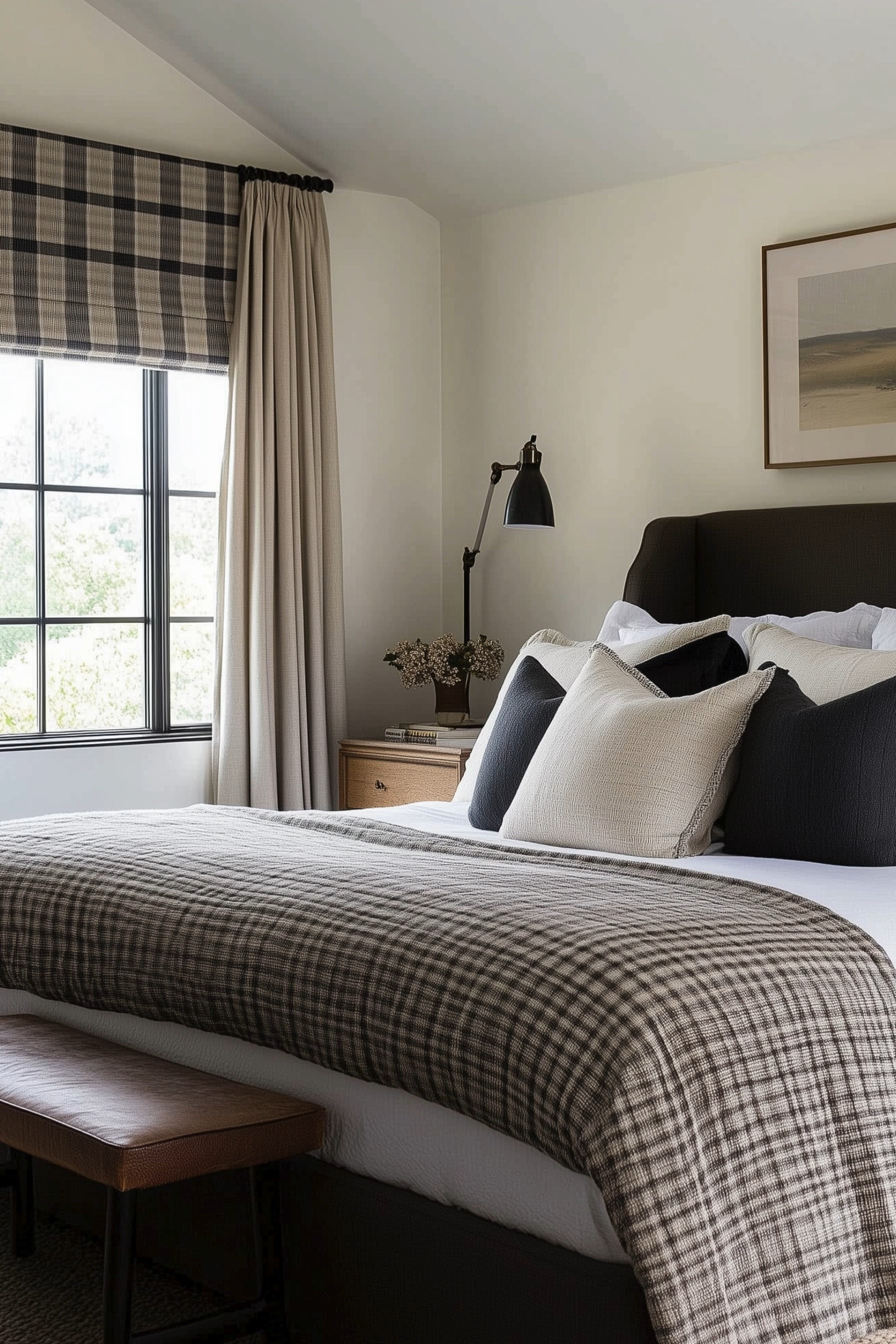 This serene bedroom showcases a harmonious blend of neutral tones and elegant textures, perfect for a cozy, inviting atmosphere. The space features a classic plaid throw and pillow set, complemented by soft, luxurious bedding. The room's sophisticated ambiance is enhanced by the clean lines of dark window frames and soft, filtered light through the curtains, creating a tranquil retreat. The thoughtfully selected decor pieces embody an organic, modern aesthetic, making this bedroom both stylish and timeless. 

🖤 If you want to see more content like this, FOLLOW maeveandmodern on LTK, Instagram, and Pinterest! Check out our blog where we post daily, maeveandmodern.com!

neutral bedroom | cozy retreat | modern aesthetic | plaid throw | elegant textures | serene design | organic modern | stylish decor | bedroom styling | timeless elegance | cozy atmosphere | inviting space | sophisticated look | luxury bedding | classic plaid | dark window frames | tranquil retreat | soft lighting | harmonious blend | neutral tones  

 

#LTKHome #LTKSaleAlert #LTKFindsUnder100 #LTKSeasonal #LTKHome #LTKSaleAlert