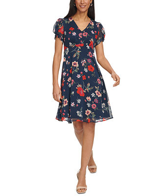 Calvin Klein Women's Printed Chiffon Tulip-Sleeve Dress - Macy's | Macy's