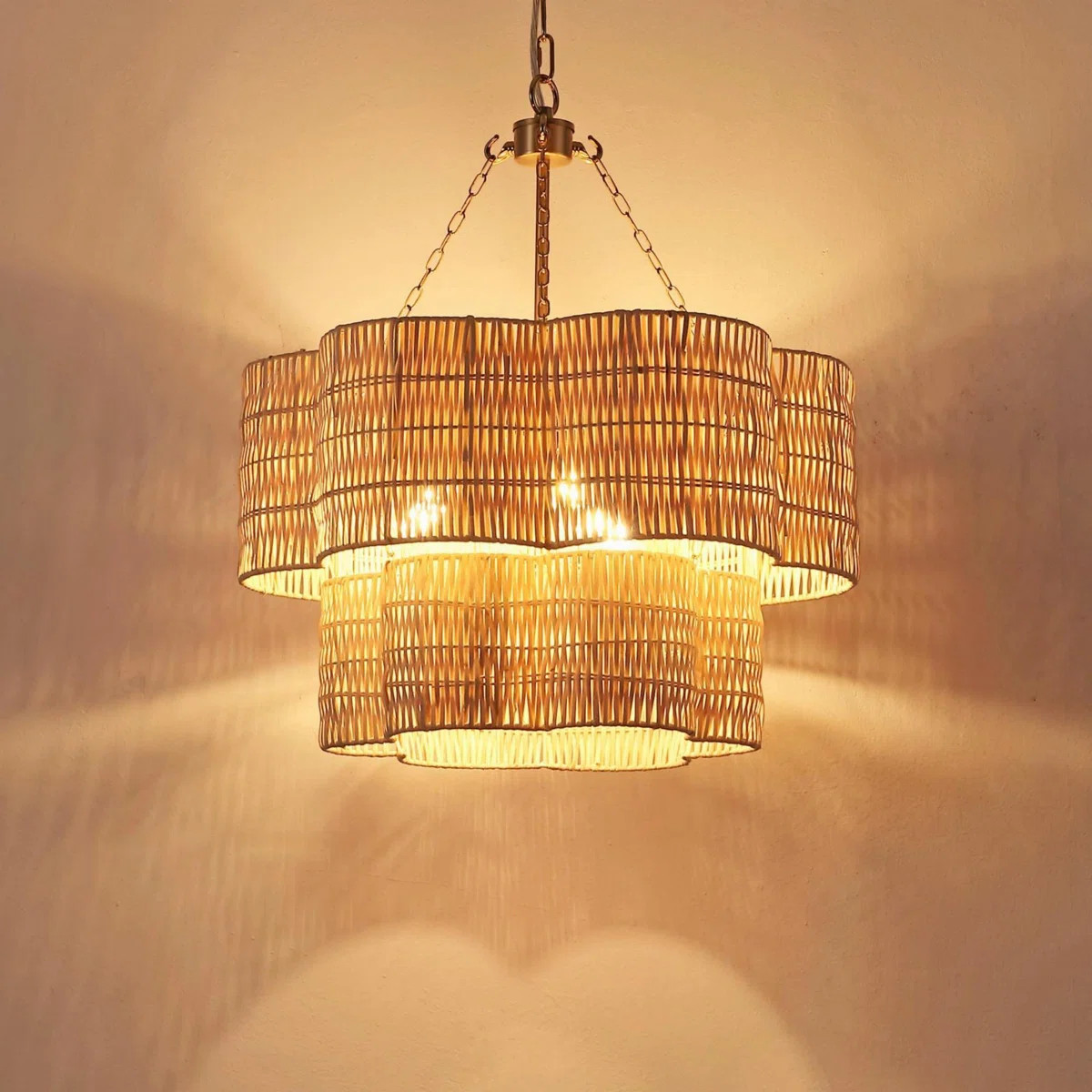 20" 3-Light Double-shaded Scalloped Rattan Chandelier | Wayfair North America