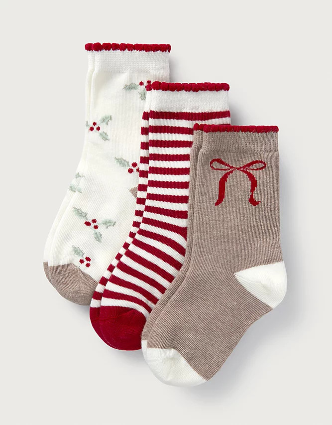 Organic Cotton Bow & Holly Socks - Set of 3 (0–4yrs) | The White Company UK & ROW