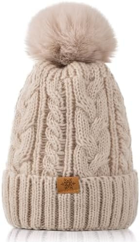 Winter Hats for Women - Fleece Lined Beanie for Women, Warm Winter Hat with Faux Fur Pom | Amazon (US)