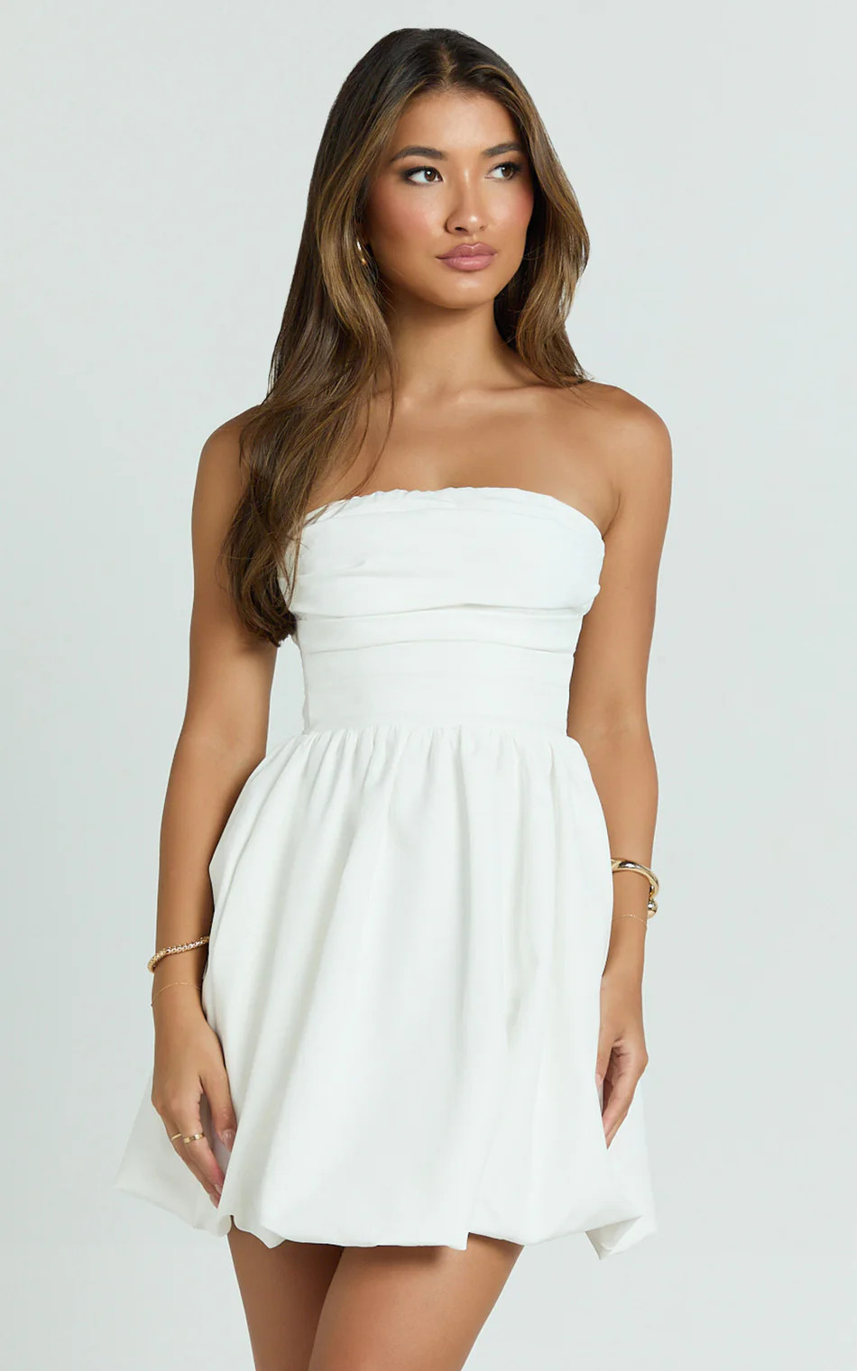 Strapless Bubble Hem Dress in White | Showpo (US, UK & Europe)