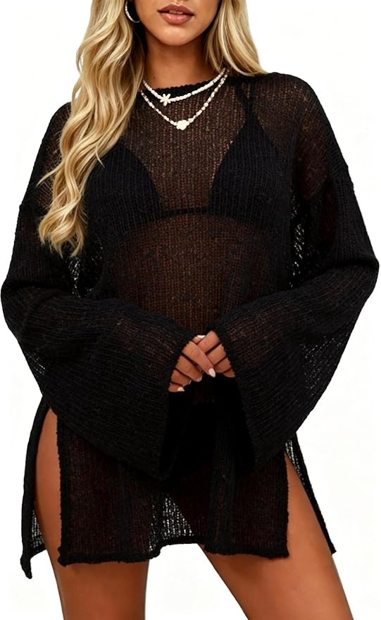 Women Crochet Sheer Kaftan Caftan Mesh Knit Bathing Swimsuit Coverup Women Sexy Summer Beach Dres... | Amazon (US)