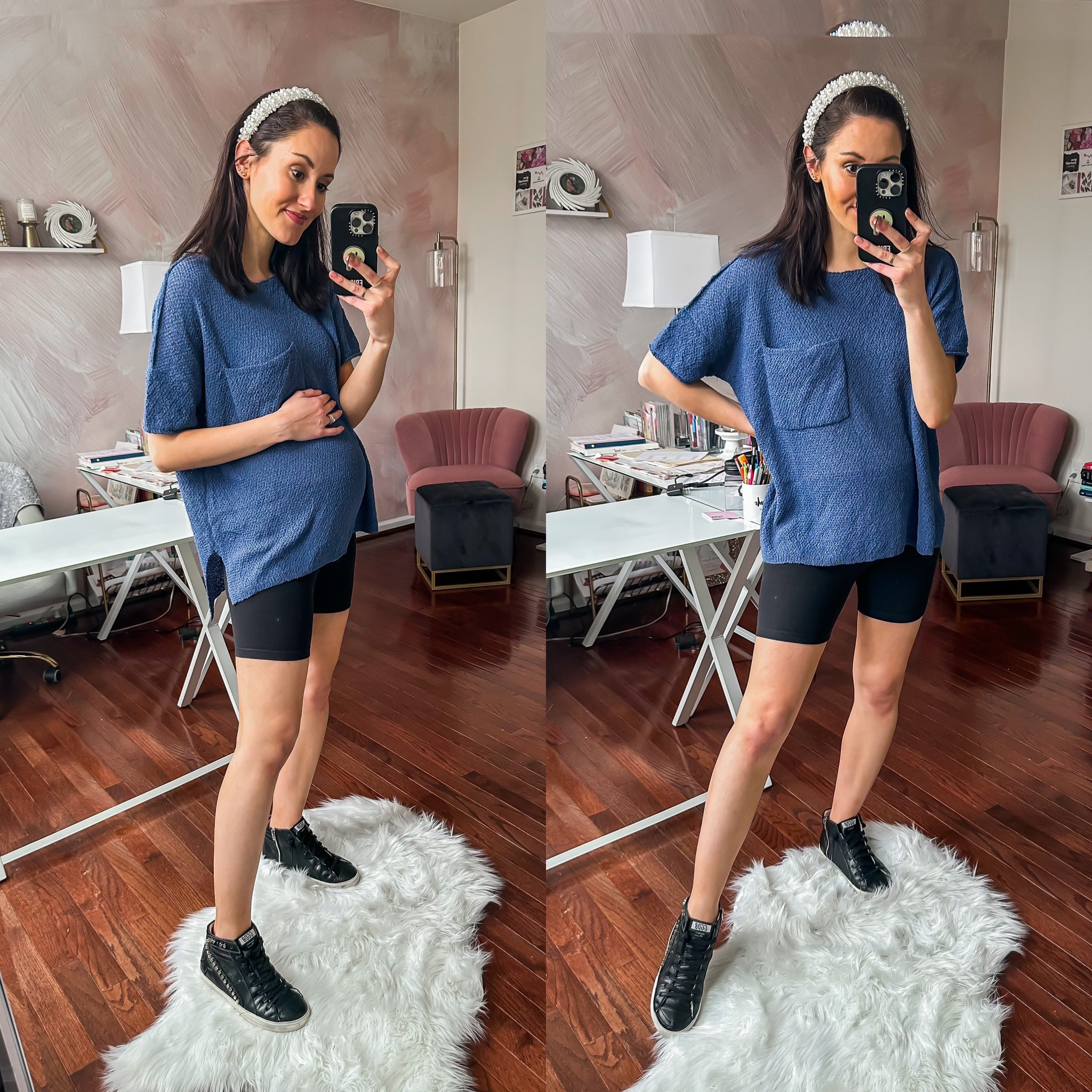 Bump friendly oversized blue knit top + black biker shorts + pearl headband 💙 vici // amazon fashion // black golden goose sneakers 

#LTKSeasonal #LTKbump #LTKunder50