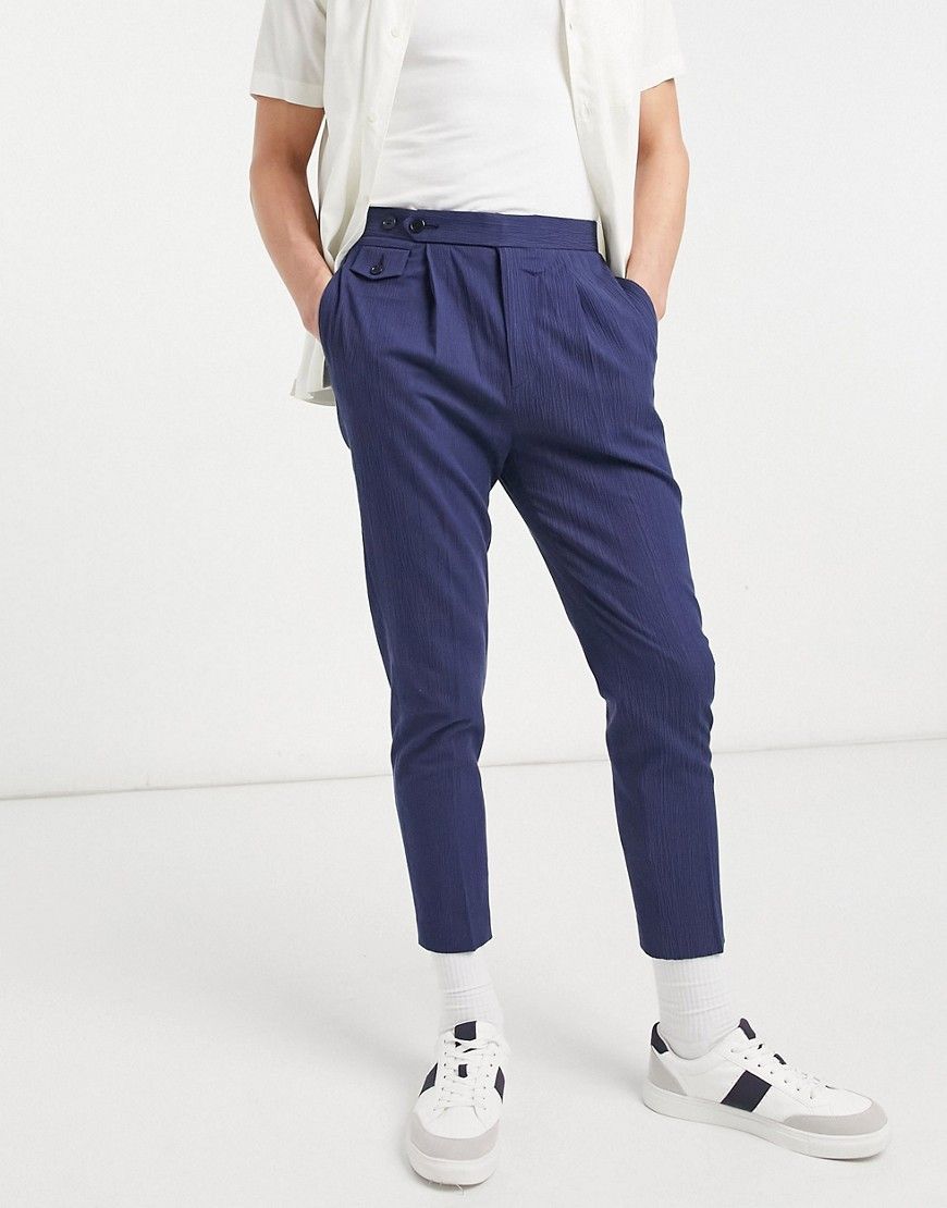 ASOS DESIGN tapered smart pants in navy crinkle cotton linen | ASOS (Global)