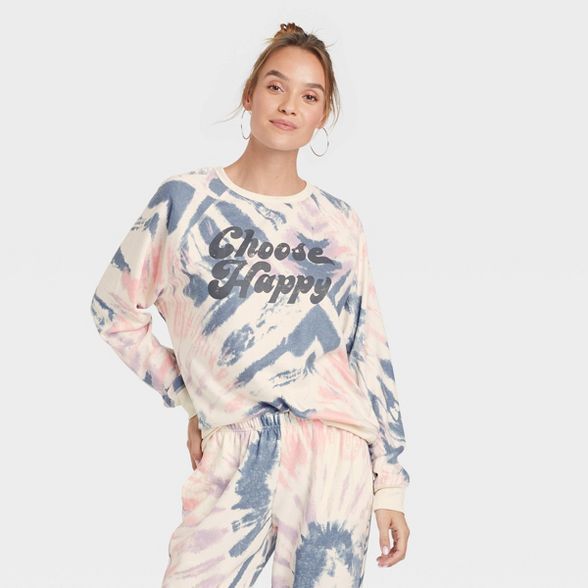 Women's Choose Happy Graphic Sweatshirt - Off-White Tie-Dye | Target