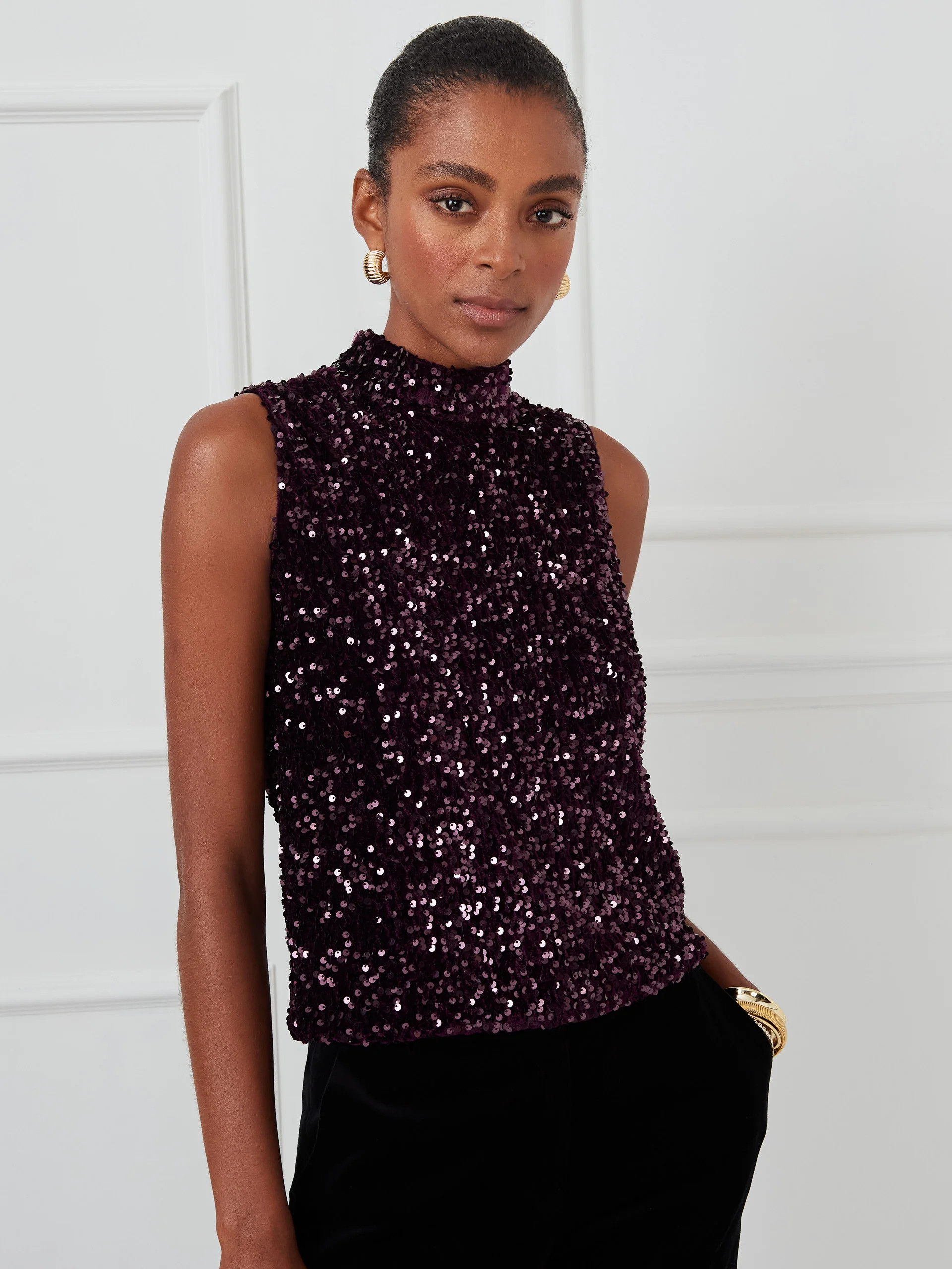 Deep_Purple Solid Leeza Sleeveless Sequin Top | Women's Tops | J.McLaughlin | J.McLaughlin