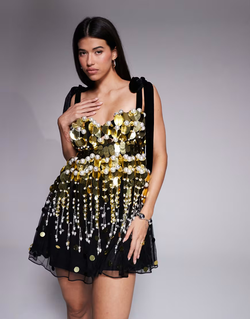 ASOS LUXE embellished sequin baby doll mini dress with pearls in black and gold | ASOS (Global)