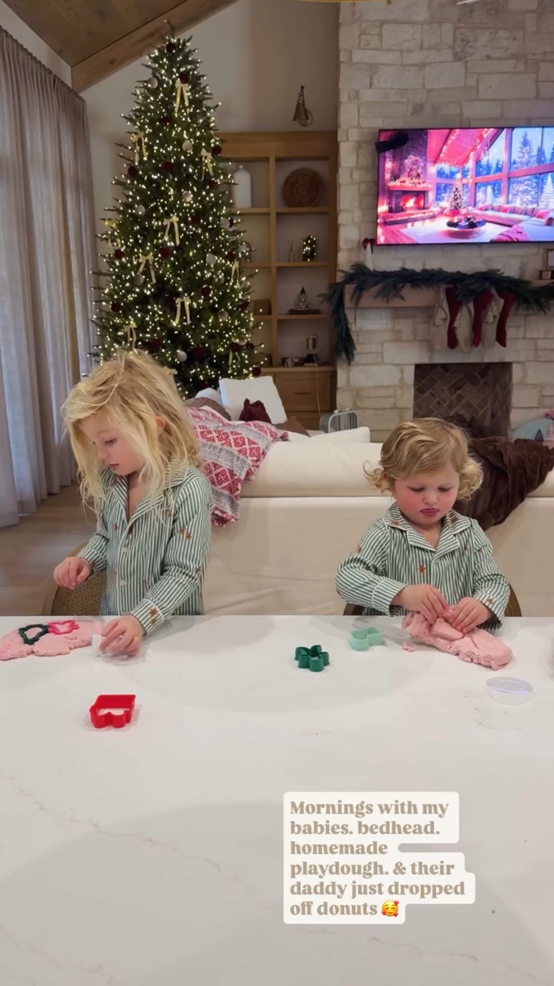 Mornings with my babies. bedhead. homemade playdough. & their daddy just dropped off donuts 🥰