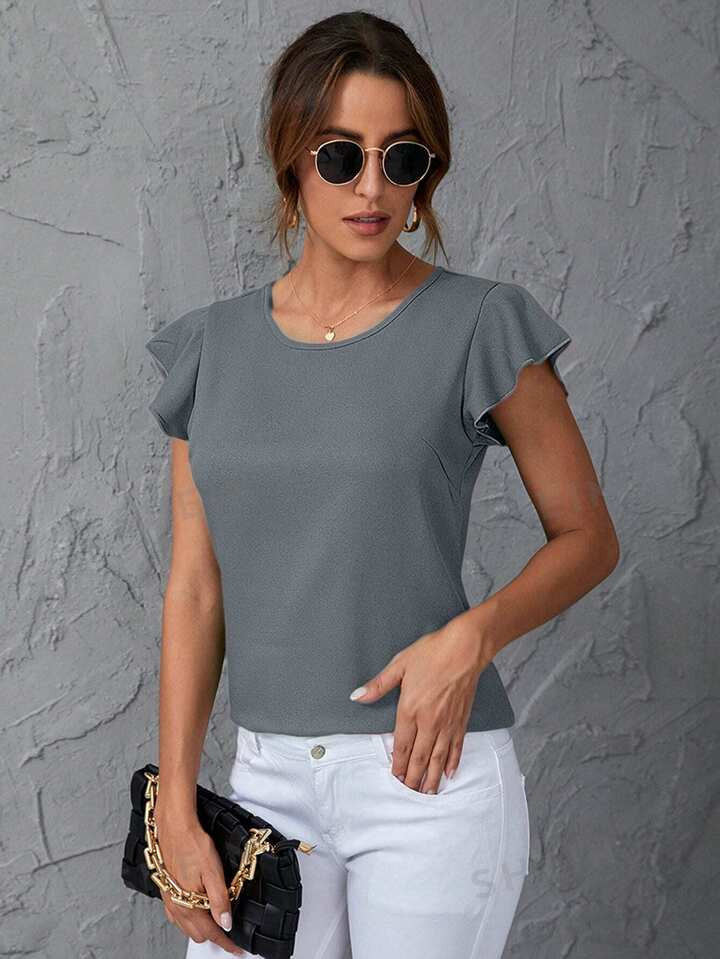 SHEIN Clasi Solid Flounce Sleeve Blouse | SHEIN