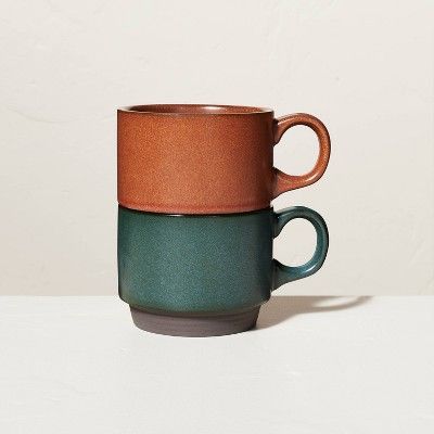 13oz Solid Stackable Stoneware Mug Set Dark Green & Cinnamon - Hearth & Hand™ with Magnolia | Target