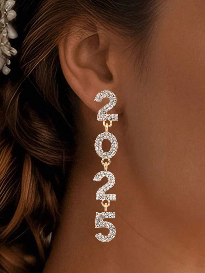 1 Pair-2025 Earrings Jewelry New Year Dangle Earrings,2025 Happy New Year Earring,Rhinestone Long... | SHEIN