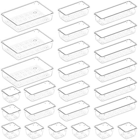 Lifewit 25 PCS Drawer Organizer Set Clear Plastic Desk Drawer Dividers Trays Dresser Storage Bins... | Amazon (US)