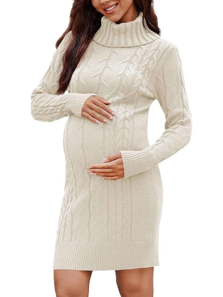 Langwyqu Womens Maternity Sweater Dress Cable Knit Sexy Bodycon Turtleneck Long Sleeve Mini Fall ... | Amazon (US)