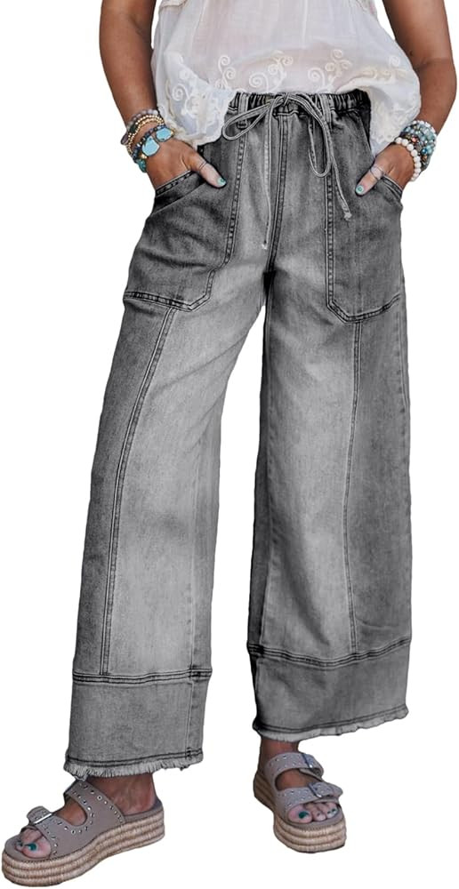 SHEWIN Women's Wide Leg Jeans High Waisted Baggy Jeans Stretchy Drawstring Denim Pants | Amazon (US)
