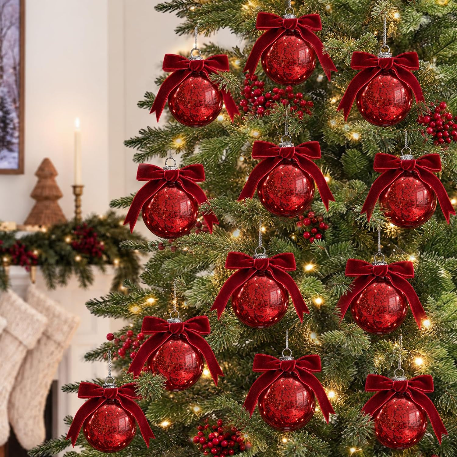 Christmas Decorations, 12 Pack Red Glass Ball Ornaments with Velvet Bow | Amazon (US)