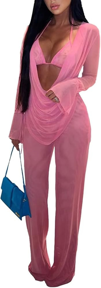 EDITCOZY Women Mesh Sheer 3pcs Outfits Long Sleeve Top Long Pant Bikini Cover Up | Amazon (US)