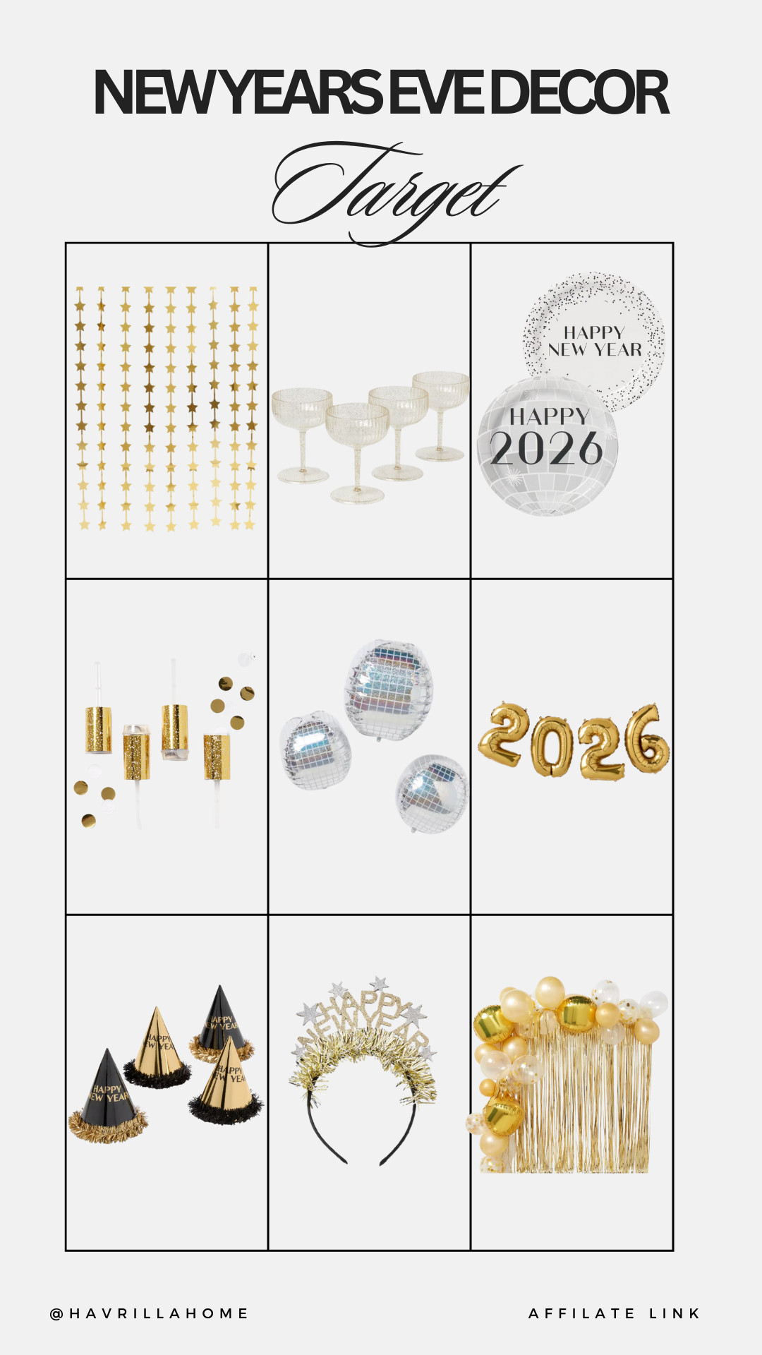 Target New Year’s Eve Decor, target new years eve decor, new years party decorations, 2026 balloon decor, disco ball balloons, gold party decorations, champagne coupe glasses, happy new year banner, star garland backdrop, new years party supplies, neutral new years decor, elegant new years decor, target party decor 

 

#LTKHoliday #LTKFindsUnder50 #LTKKids