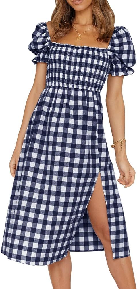 PRETTYGARDEN Plaid Dress for Women Short Puff Sleeve Square Neck Side Split Summer Midi Flowy Dresse | Amazon (US)