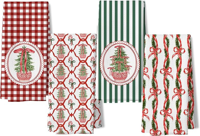 Red and Green Plaid Christmas Tree Kitchen Dish Towels, Chinoiserie Christmas Decor, Grandmillenn... | Amazon (US)