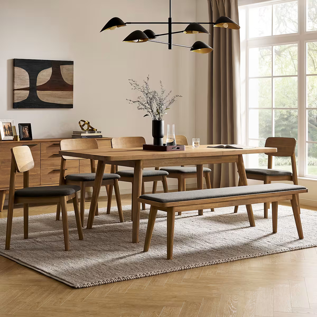 Seb Wooden Extendable Dining Table Set with 6 Fabric Chairs and Bench - Brown, Dark Grey for Dining Room | Castlery US