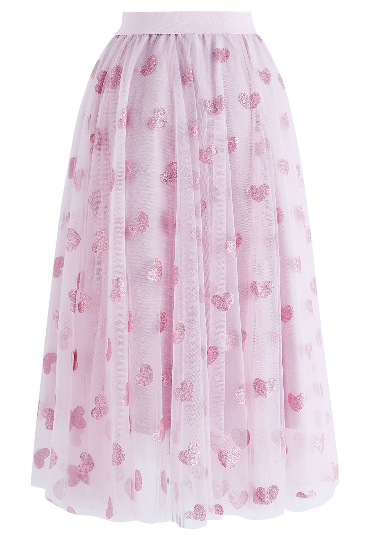 Shimmering Hearts Mesh Tulle Midi Skirt in Pink | Chicwish