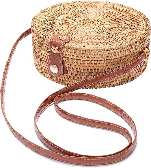 Handwoven Round Rattan Bag Shoulder Leather Straps Natural Chic Hand | Amazon (US)