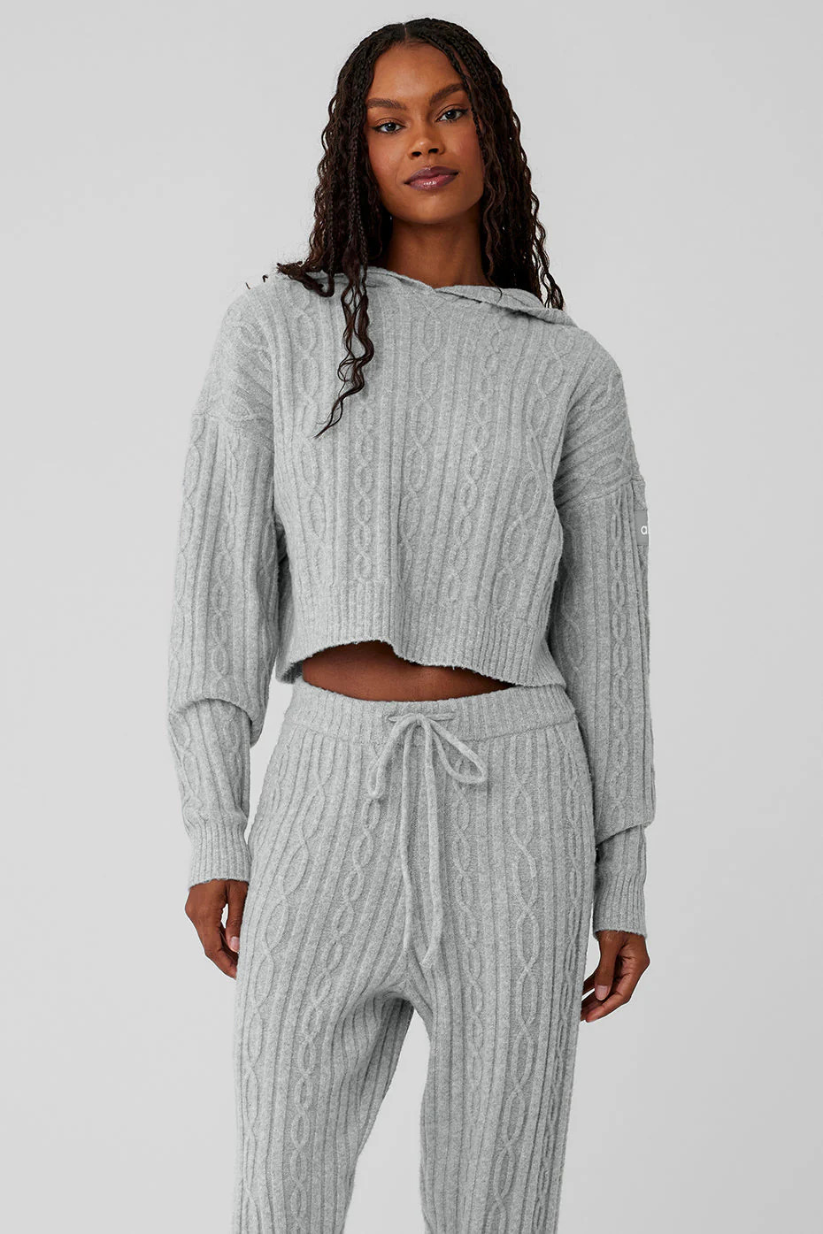 Alo YogaÂ® | Cable Knit Winter Bliss Hoodie in Athletic Heather Grey, Size: XS | Alo Yoga (US)