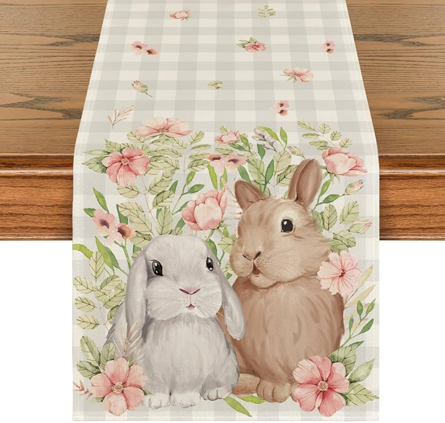 Artoid Mode Bunny Rabbit Flowers Leaves Grey Buffalo Plaid Easter Table Runner, Spring Kitchen Di... | Amazon (US)