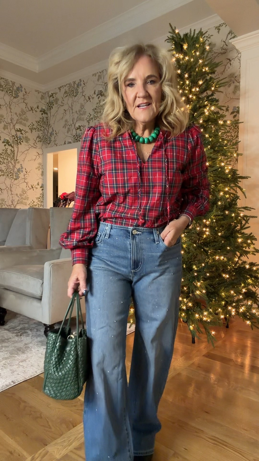 This blouse is from Untuckit. A sturdy cotton type fabric. The quality is very good. It has a subtle silver thread running through it. Sizing is true to size. In a medium and 8 in jeans. Sized up in boots.

#LTKOver40 #LTKHoliday #LTKMidsize