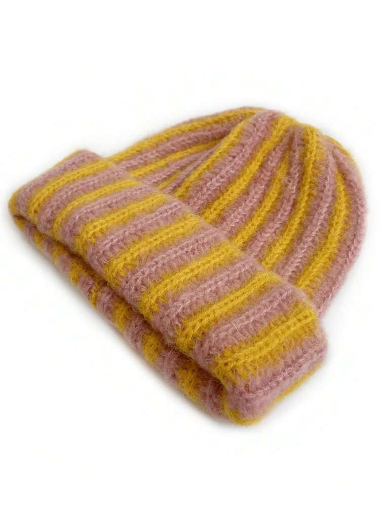 1pc Stylish Contrast Color Striped Knit Beanie Hat, Warm Reversible Cuff Unisex Autumn/Winter | SHEIN