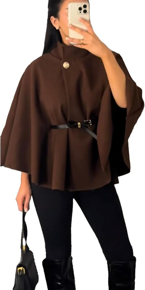FASHIONGURU Women’s Belted Cape Poncho Coat – Oversized Shawl Wrap, Elegant Open Front Cloak ... | Amazon (UK)