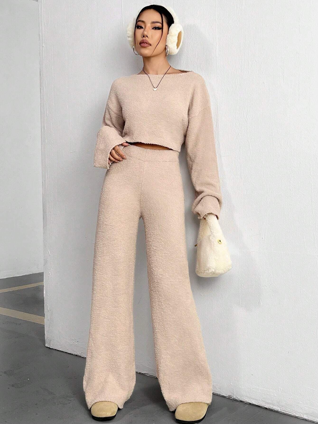 Solid Drop Shoulder Sweater & Knit Pants | SHEIN